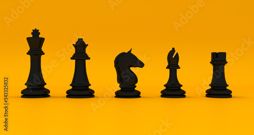 A set of black chess pieces. Chess piece icons. Board game. 3d rendering isolated on orange background.