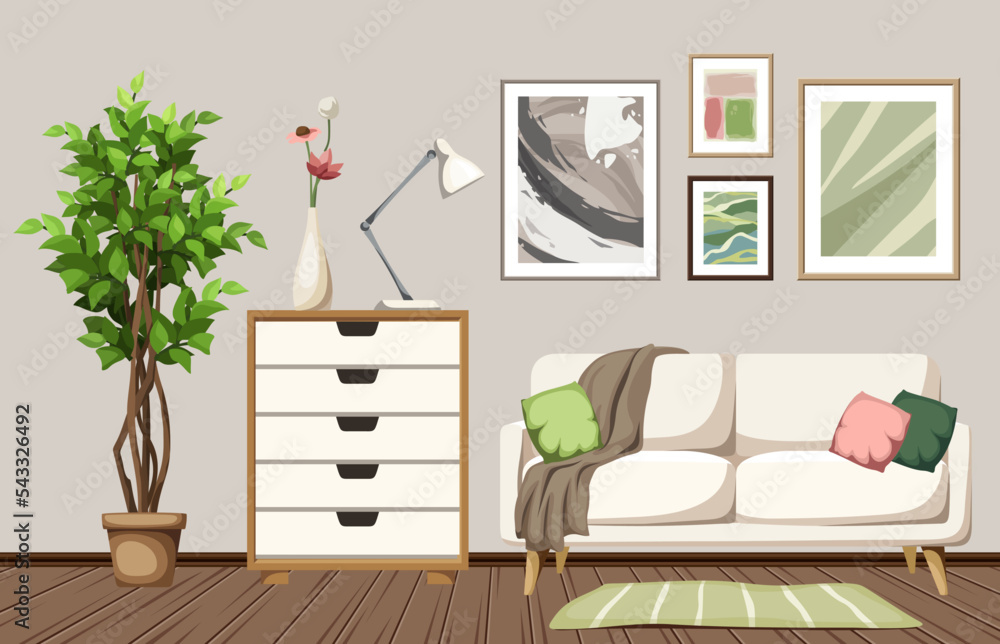 Living room interior design with a white sofa, a big ficus tree, and ...