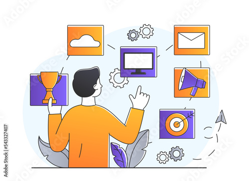 Customer Relationship Management. Man chooses goods and services. SMM specialist and marketer analyzes user hobbies. Modern methods of advertising on Internet. Cartoon flat vector illustration