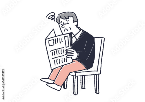新聞の字が読めない中年男性　眼精疲労や目の病気に関するイラスト