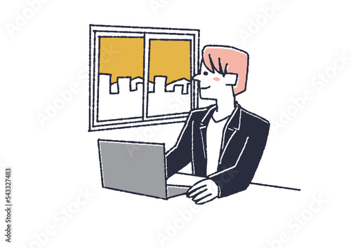 遠くを見て目を休ませる男性　眼精疲労や目の病気に関するイラスト