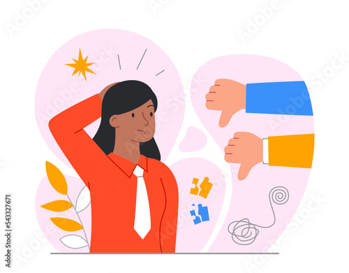 Depressed sad woman. Young girl faces disapproval, character shown thumbs down. Frustration and depression, loneliness. Mental health and psychological problems. Cartoon flat vector illustration