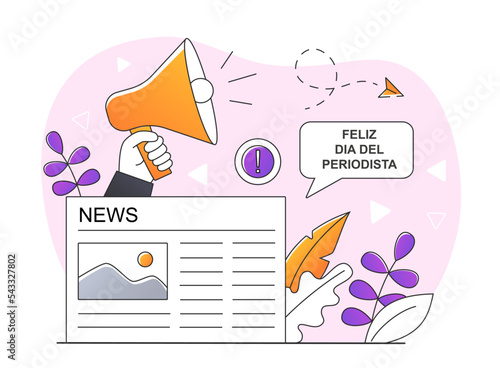 Concept of news. Hand with loudspeaker sticks out from behind newspaper. Information and knowledge. Poster or banner for website. Mass media, rumors and gossips. Cartoon flat vector illustration