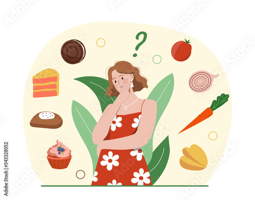 Healthy and unhealthy food. Girl chooses between fast food and vegetables. Proper and vegetarian diet. Comparison of cakes and muffins with carrots and tomatoes. Cartoon flat vector illustration