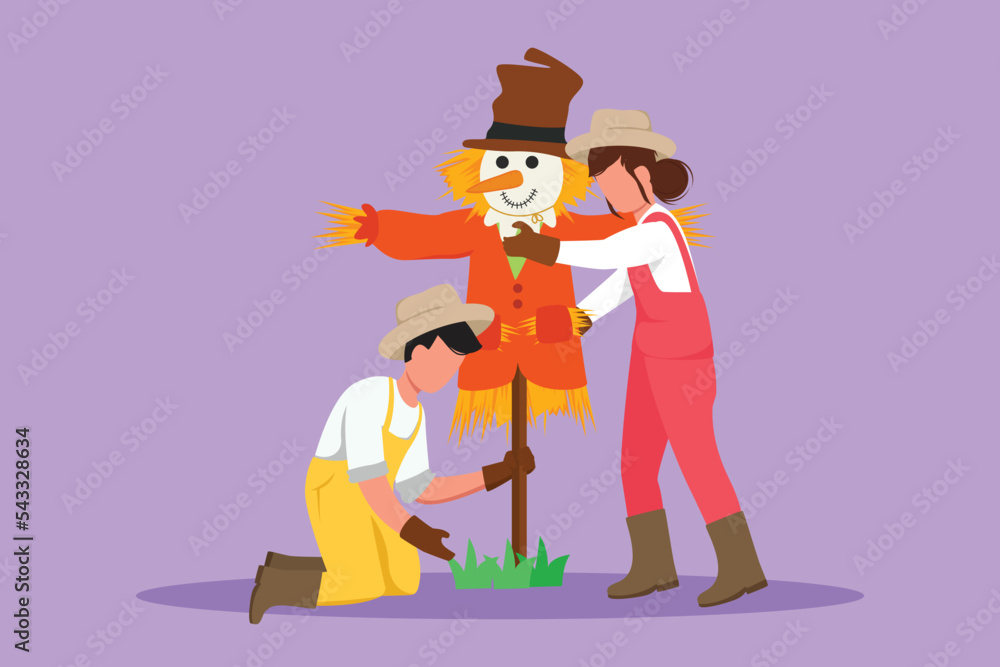 Graphic flat design drawing happy couple farmers installing a scarecrow to ward off pest birds. Countryside rice fields. Successful agriculture and farming concept. Cartoon style vector illustration Graphic flat design drawing happy couple farmers installing a scarecrow to ward off pest birds. Countryside rice fields. Successful agriculture and farming concept. Cartoon style vector illustration