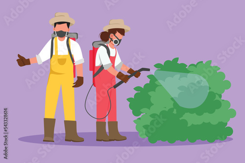 Character flat drawing happy couple of farmers wearing masks and carrying equipment to spray crops with disinfectant spray. Keep plants from pests and stay healthy. Cartoon design vector illustration