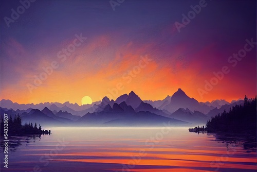 beautiful lake view with mountain range and sunset