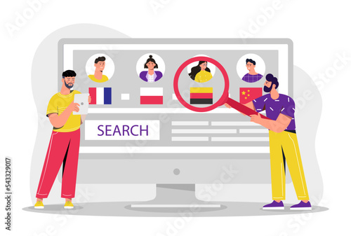 People learn languages. Young guys with magnifying glass look at icons of other countries on computer. Distance education and training, homework. Poster or banner. Cartoon flat vector illustration