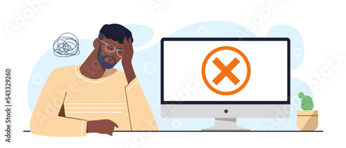 Person looking at computer. Man sees failure on screen, error and technical difficulties. Modern technologies and digital world. Gadget or device with problem. Cartoon flat vector illustration