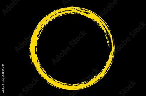 Yellow circle brush stroke vector isolated on black background. Yellow enso zen circle brush stroke. For stamp, seal, ink and paintbrush design template. Grunge hand drawn circle shape, vector photo