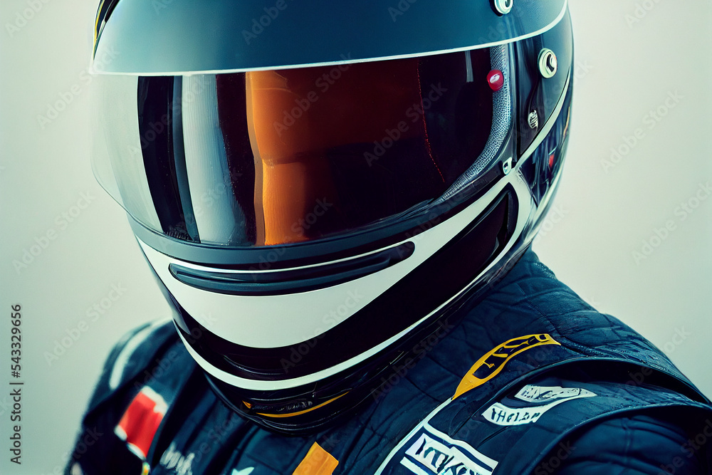 Real Racer With Helmet 3D realistic render of Racer in a helmet driving a car on the track ...