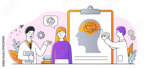 Psychiatric consultation concept. Men and women in medical gowns studying work of brain. Doctors and specialists, teamwork and partnership. Poster or banner. Cartoon flat vector illustration