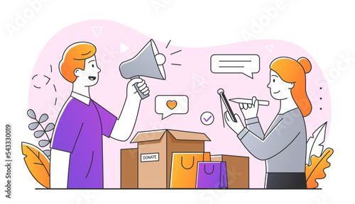 Volunteers collecting concept. Man with loudspeaker and woman stand next to boxes. Foundation and donations, activists send humanitarian aid. Support, care and love. Cartoon flat vector illustration