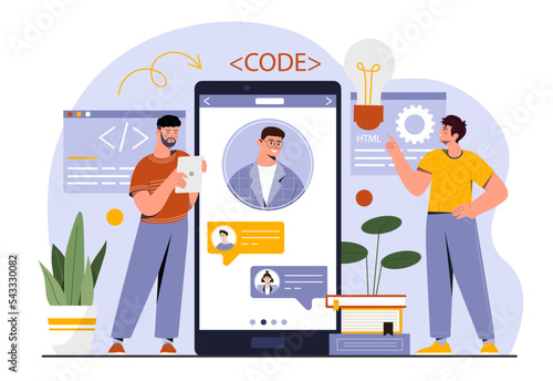Web programming online. Men near smartphone develop programs and applications. Interface development, ui and ux design for software and programs. Poster or banner. Cartoon flat vector illustration