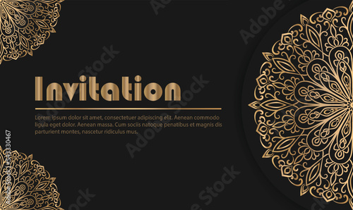 Luxury golden Mandala invitation with black background.