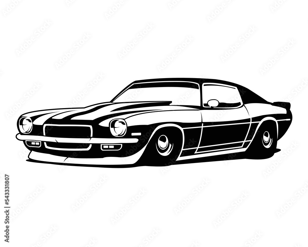 1970's old chevy camaro isolated white background side view. best for logo, badge, emblem, icon, available in eps 10. - obrazy, fototapety, plakaty 