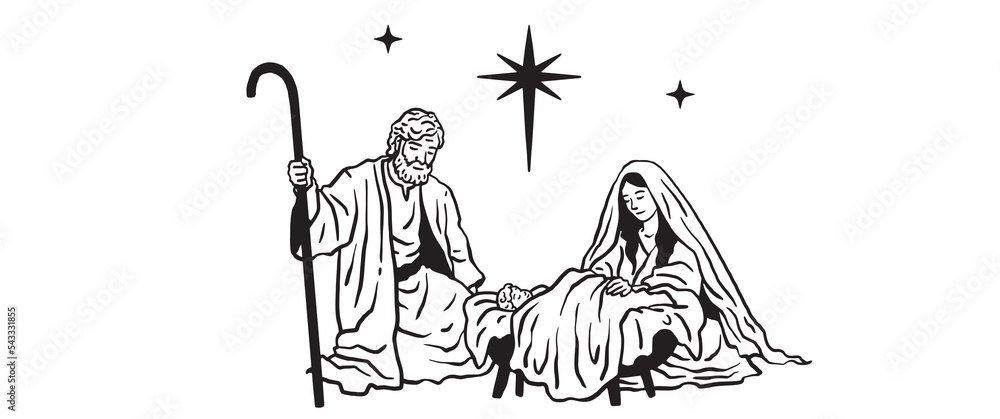 Obraz premium manger scene svg, png digital download, Christian Religious nativity, baby jesus illustration vintage vector black and white