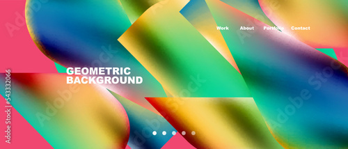 Glassmorphism landing page background template. Colorful glass shapes with metallic effect abstract composition for wallpaper, banner, background