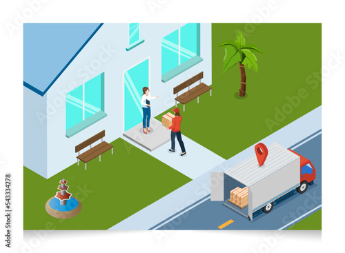 3D isometric Logistics and Delivery services concept with People transport product boxes from suppliers to buyers and Warehouse, truck, forklift. Vector illustration eps10