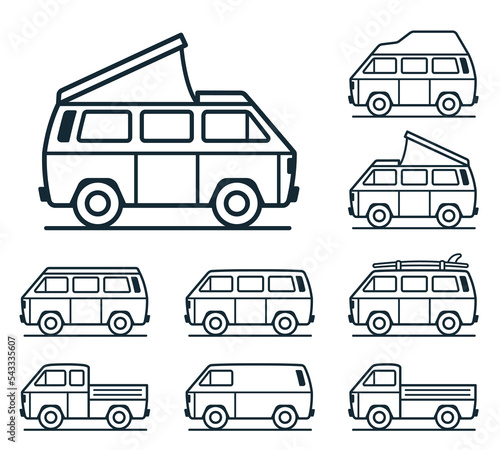 Illustrated van icons with several variations on an isolated white background