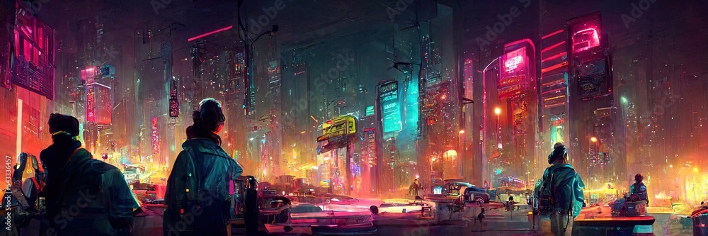 Cyberpunk city street, night view, futuristic city, neon lights. Night