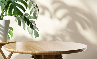 Wooden round side table with green tropical plant leaf and beautiful sun light and shadow on beige wall for luxury beauty, organic, health, cosmetic, jewelry fashion product display background