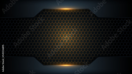 Hexagonal background with orange neon light. Honeycomb, bees hive cells pattern