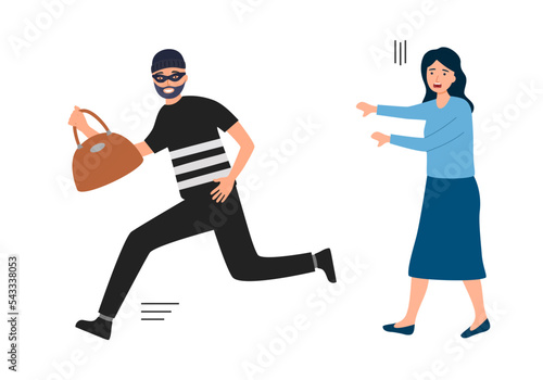 Woman whose bag stolen in flat design on white background. Thief steal money from woman.