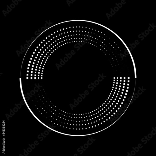 Tiny squares and stipes in circle form. White halftone dots. Trendy design element for border frame, round logo, blackout tattoo, sign, symbol, web pages, prints, template, pattern, background