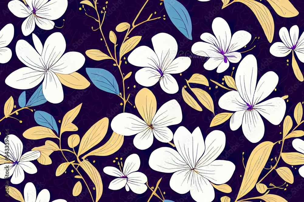 Floral seamless pattern with doodle fantasy flowers and leaves on white. Tropical yellow, violet, blue, red hand drawn flowers. 2d illustrated illustration. Floral seamless pattern with doodle fantasy flowers and leaves on white. Tropical yellow, violet, blue, red hand drawn flowers. 2d illustrated illustration.