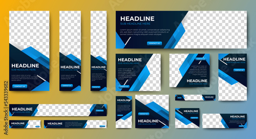 Headline banners design web template Set, Horizontal header web banner. Black and blue cover header background for website design, Social Media Cover ads banner, flyer, invitation card