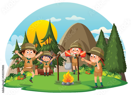 Children camping out forest scene