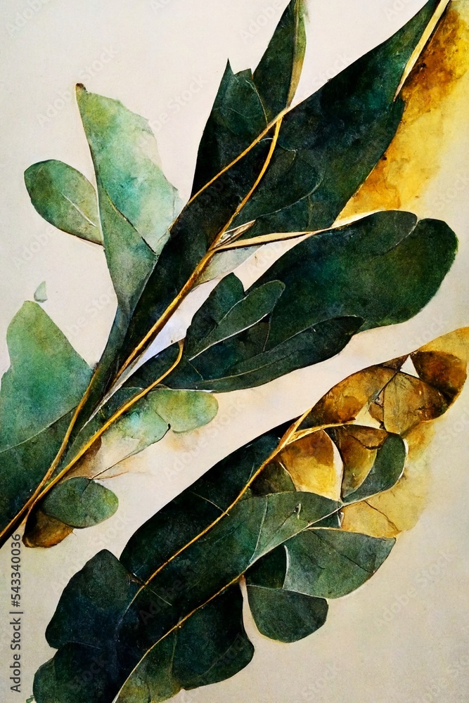 Green and Gold leaf branches on rough paper texture, Watercolor