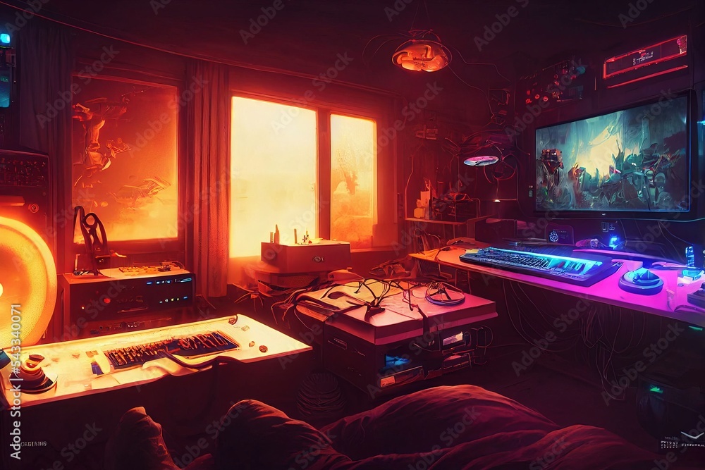 PC gaming room. Generative AI Technology Stock Illustration | Adobe Stock