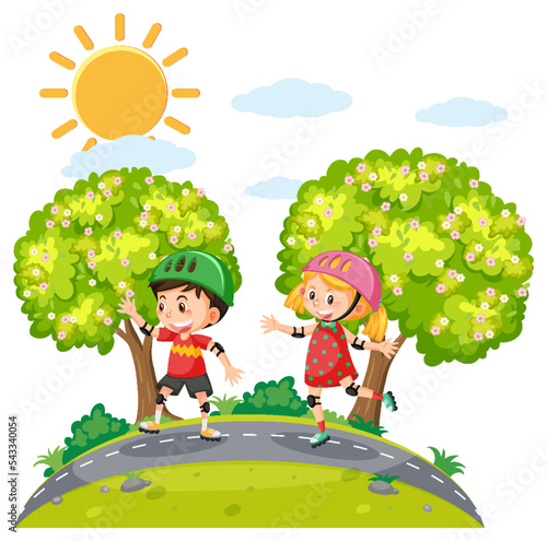 Children riding on roller skates at park