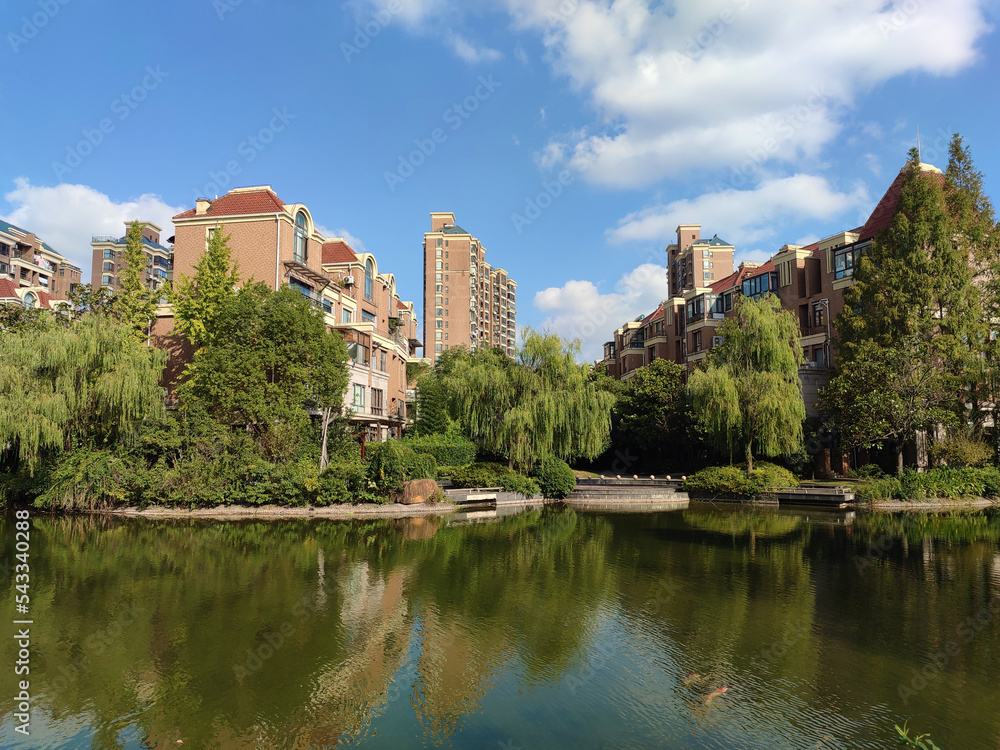 view of the lake and the buildings in the middle of trees in sunny afternoon