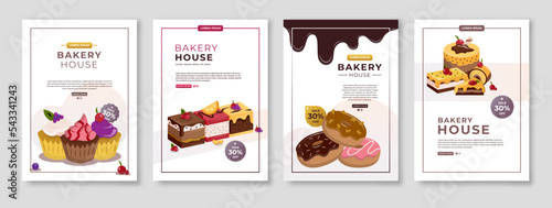 Bakery shop flyer template set vector illustration. Vector illustration of posters, bakery advertising banners, confectionery products, cakes, donuts, etc. Fully editable eps 10, ready to print, A4.