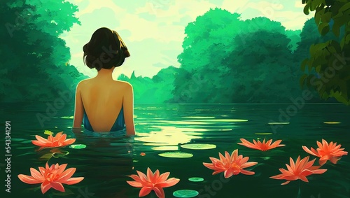 Fotografia AI-generated artwork with a woman relaxing in a lake with lotus flowers surround