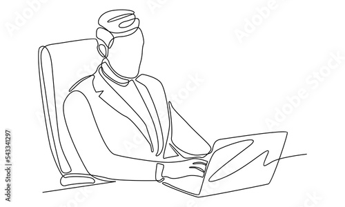 continuous line of busniessman sitting with laptop computer