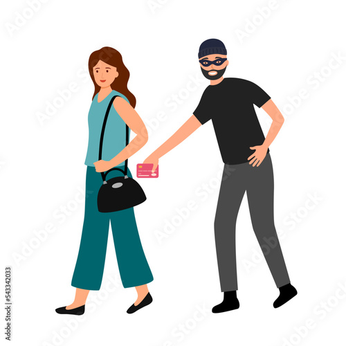 Thief stealing credit card from woman bag in flat design on white background. Pickpocket concept vector illustration.