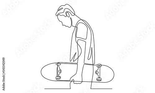 Continuous line of man holding skateboard