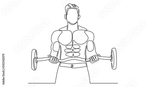 continuous line drawing of young sportive man training lift barbell