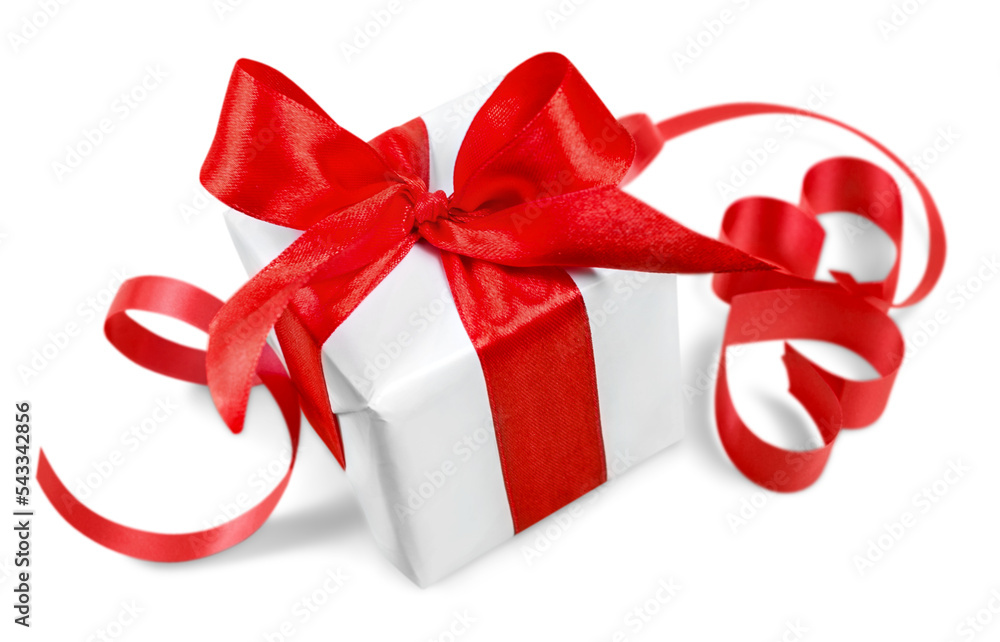 Cute gift box with ribbon bow, isolated on white Cute gift box with ribbon bow, isolated on white