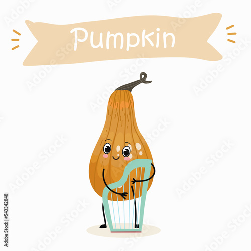 Vector illustration of funny cartoon pumpkins, playing the harp, healthy food, kitchen, ingredients, kids t-shirt design, halloween card.