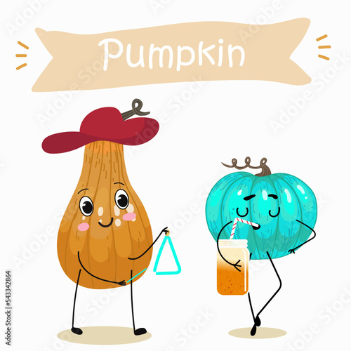 Vector illustration of funny cartoon pumpkins, plays on triangle, sip healthy food, cuisine, ingredients, kids t-shirt design, halloween card.