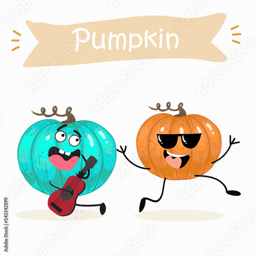 Vector illustration of funny cartoon pumpkins, playing guitar, ukulele, having fun, healthy food, cuisine, ingredients, kids t-shirt design, halloween card.