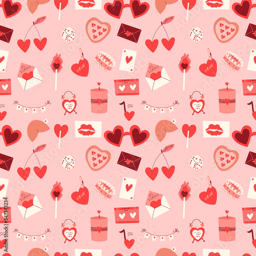 Happy Valentine's Day seamless pattern. Romantic elements and hearts.
