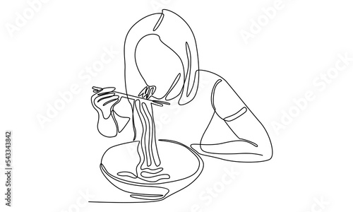 continuous line of girl eating Asian fast food noodle