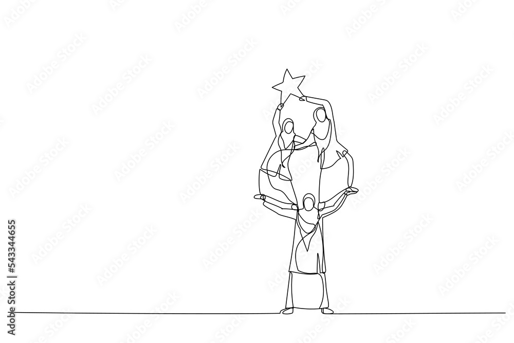 Cartoon of muslim woman help and support his team can climb up and reach the star. Single line art style Cartoon of muslim woman help and support his team can climb up and reach the star. Single line art style