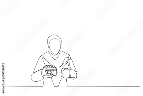 Illustration of muslim woman showing five yellow stars card and thumbs up. Single line art style